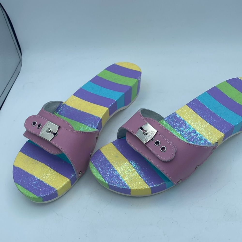 VTG Dr. Scholl’s leather wood painted pastel striped slides sandals shoes 10.5